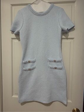 Endless Rose Light Blue Bouclé Mini Dress with Gold Buttons